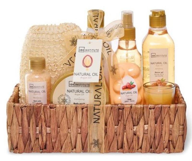 CESTA DE MIMBRE CON 8 PRODUCTOS ACEITE NATURAL "Aceite de Argán" - IDC INSTITUTE